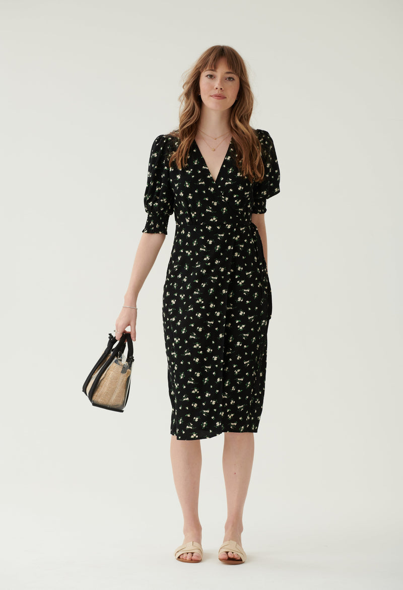 Floral Black Wrap Tie Waist Midi Dress ...